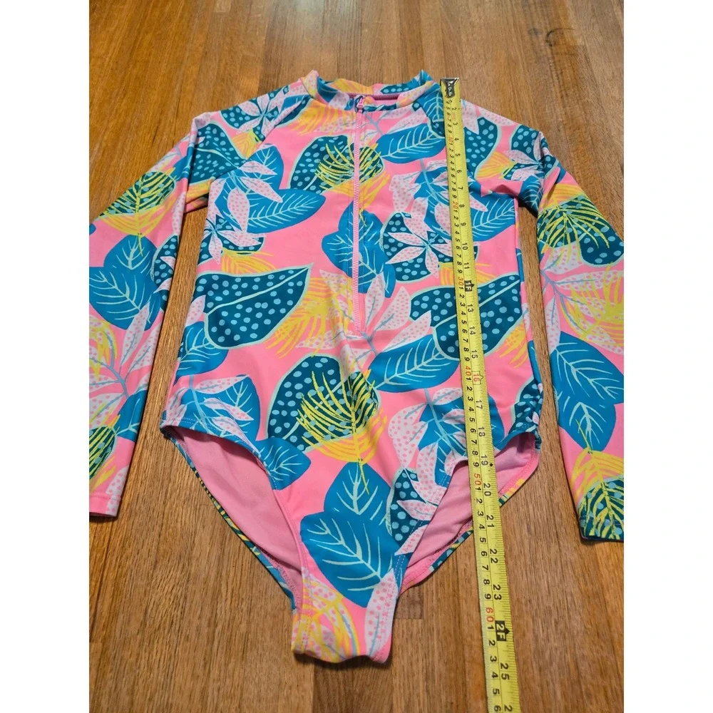 Girls 10 Floral Tropical Long Sleeve One Piece Rash Guard Zip Front Swimsuit